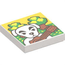 Part 3068pb2354 - Tile 2 x 2 with White Dog, Dark Orange Guitar, Bright Green and Lime Grass and Trees Pattern (Animal Crossing K.K. Slider Forest Life Album Cover)