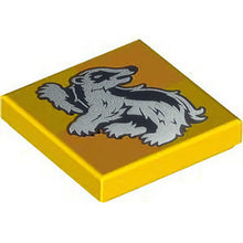 Part 3068pb2360 - Tile 2 x 2 with Silver Hufflepuff Crest on Bright Light Orange Squares Pattern