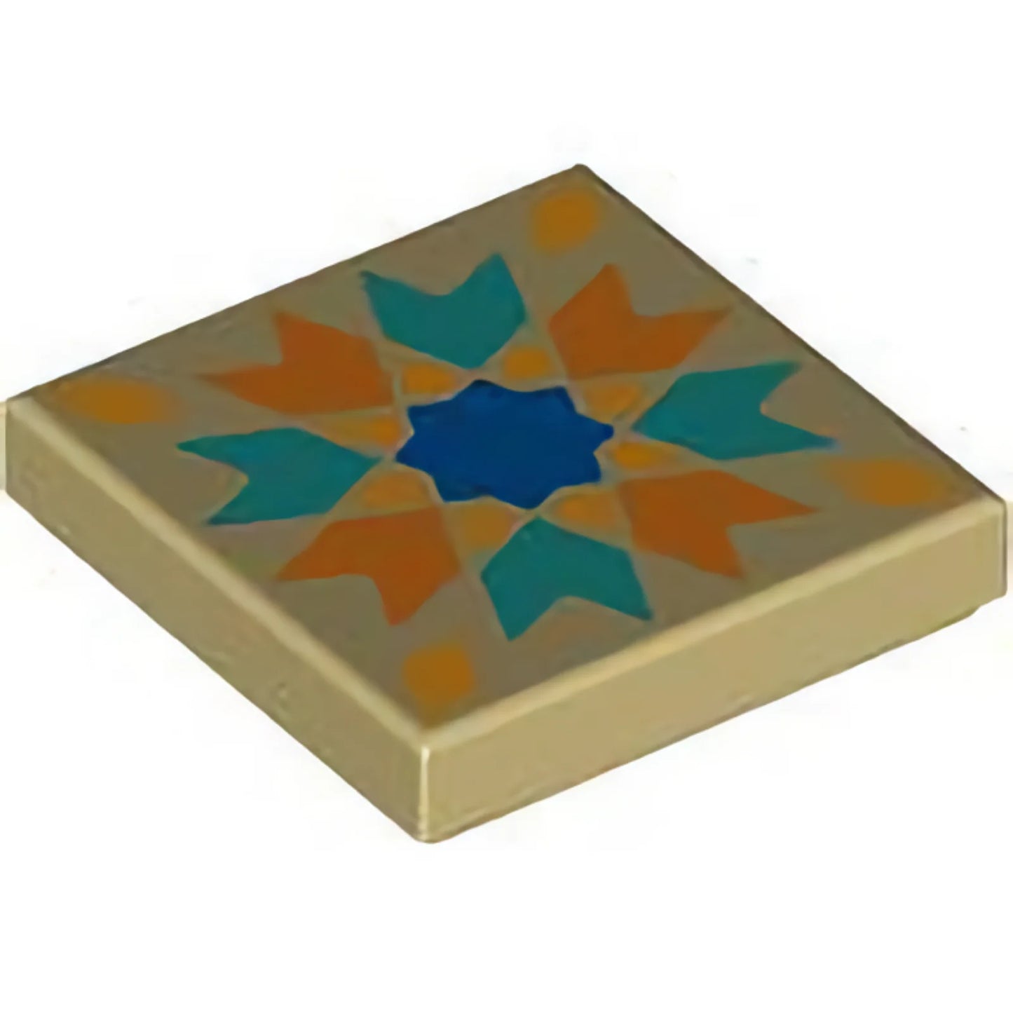 Part 3068pb2562 - Tile 2 x 2 with Orange and Dark Turquoise Chevrons / Arrows, Yellow Diamonds and Blue Star Pattern