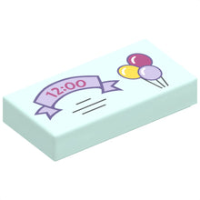 Part 3069pb0428 - Tile 1 x 2 with Bright Light Orange, Lavender, and Magenta Balloons, '12:00' on Ribbon Pattern