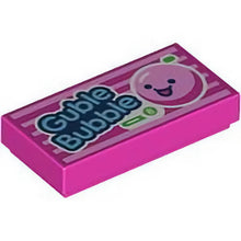Part 3069pb1063 - Tile 1 x 2 with Medium Azure 'Guble Bubble', White Number 8 in Green Circle, and Bright Pink Bubble with Face Pattern