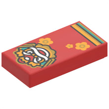 Part 3069pb1064 - Tile 1 x 2 with Bright Light Orange, White, Dark Turquoise and Gold Lion / Nian Head, Flowers and Stripes Pattern