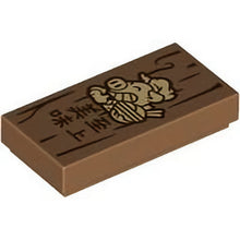 Part 3069pb1066 - Tile 1 x 2 with Tan Pigsy with Bowl and Dark Brown Wood Grain and Chinese Logogram '美味至上' (Supreme Delicious) Pattern