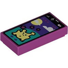 Part 3069pb1067 - Tile 1 x 2 with Cell Phone / Smartphone with Game with Bright Light Yellow Alien on Dark Turquoise Hill, Sun, Clouds, and Dark Purple Sky Pattern