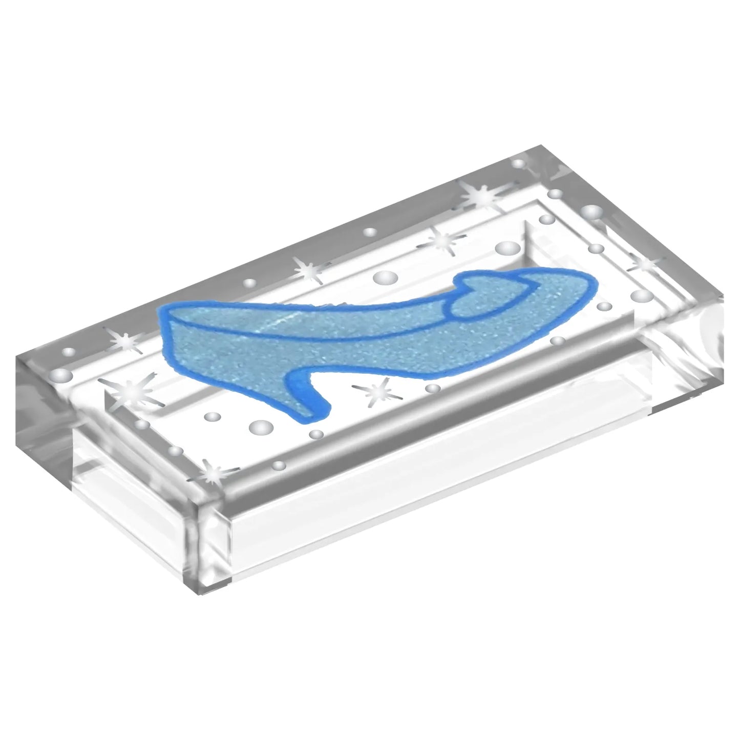 Part 3069pb1169 - Tile 1 x 2 with Metallic Light Blue Shoe with Heel and Heart, Silver Sparkles and Dots Pattern (Cinderella Glass Slipper)