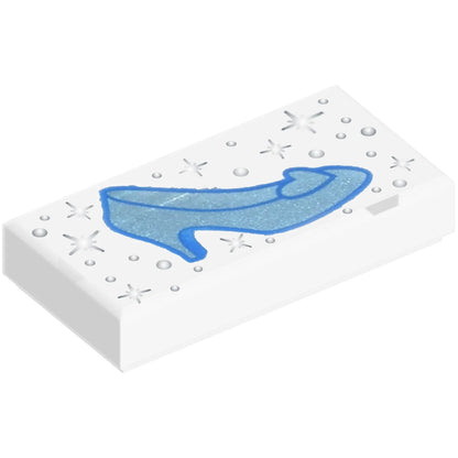 Part 3069pb1169 - Tile 1 x 2 with Metallic Light Blue Shoe with Heel and Heart, Silver Sparkles and Dots Pattern (Cinderella Glass Slipper)