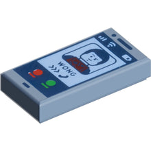 Part 3069pb1189 - Tile 1 x 2 with Cell Phone / Smartphone with Dark Blue Minifigure, 'WONG', Calling Symbol, and Red and Green Buttons Pattern