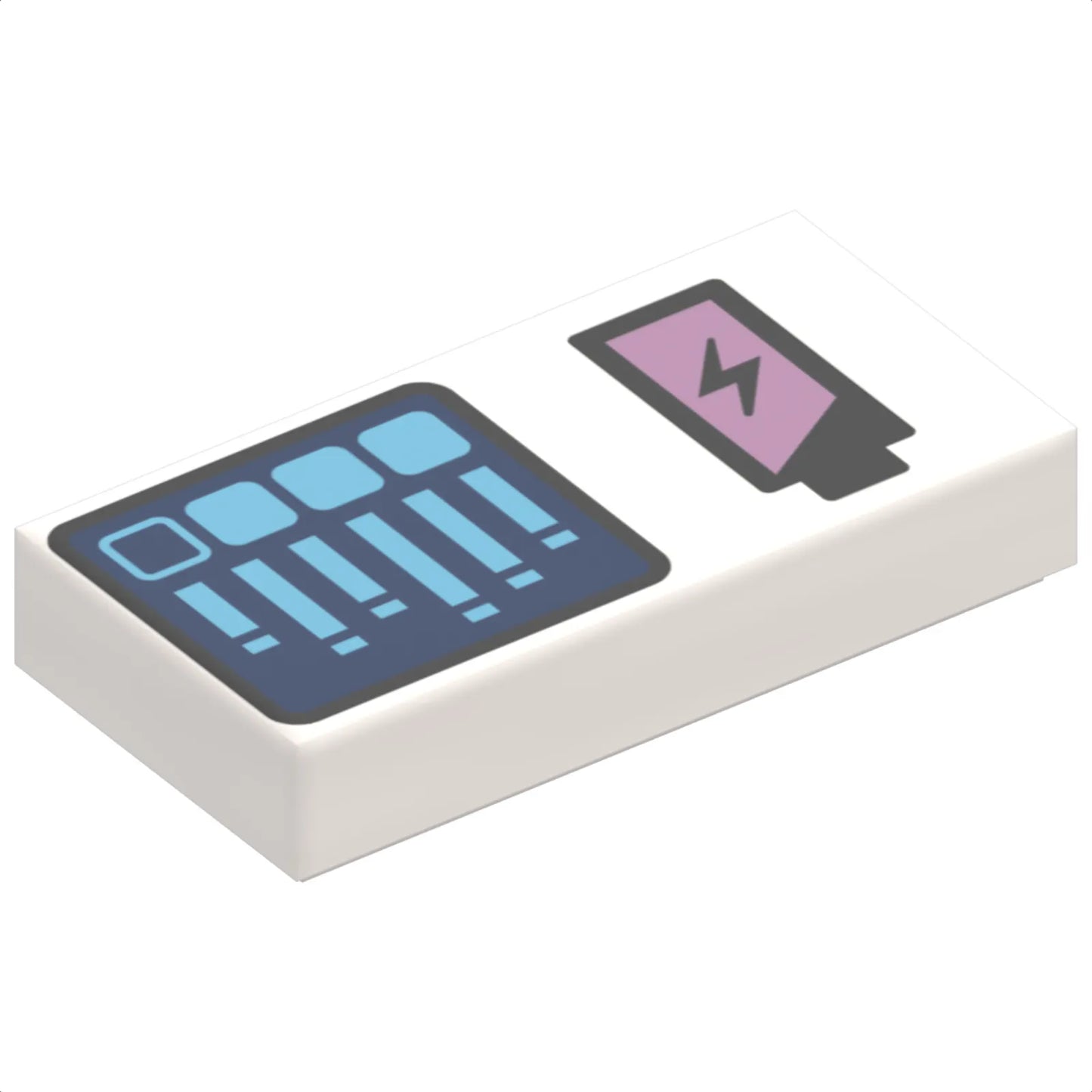 Part 3069pb1206 - Tile 1 x 2 with Black and Metallic Pink Battery Charge and Dark Blue Screen with Dark Azure Bar Graph Pattern