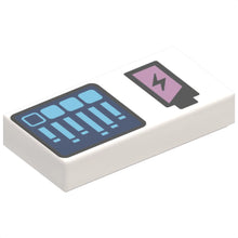 Part 3069pb1206 - Tile 1 x 2 with Black and Metallic Pink Battery Charge and Dark Blue Screen with Dark Azure Bar Graph Pattern
