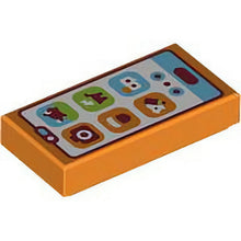 Part 3069pb1221 - Tile 1 x 2 with Cell Phone / Smartphone with Medium Azure Bar and Buttons and Orange and Lime Icons Pattern (Animal Crossing NookPhone)