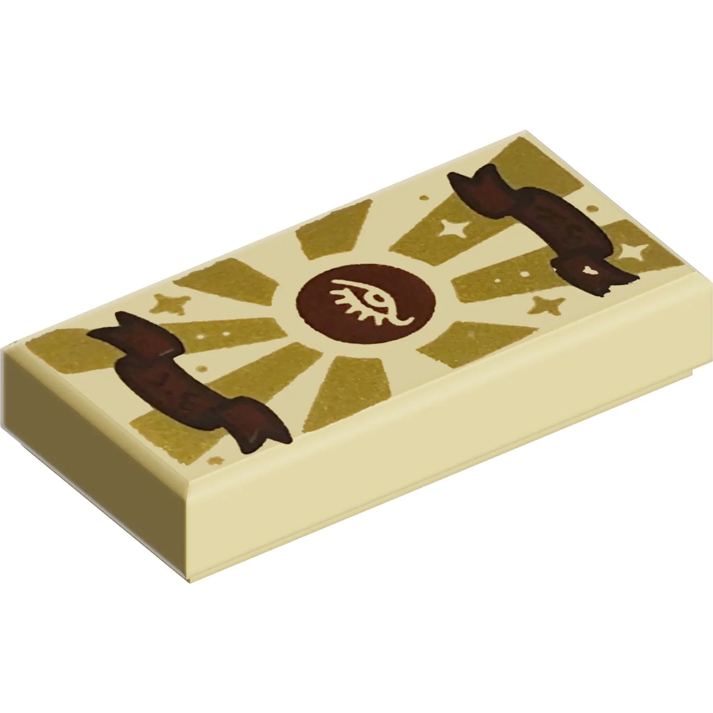 Part 3069pb1240 - Tile 1 x 2 with Gold Sun Rays, Reddish Brown Circle with Eye and Banners with Dark Brown Text Pattern (Dungeons & Dragons Spell Scroll of Invisiblity)
