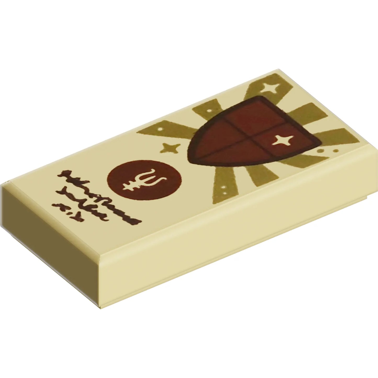 Part 3069pb1241 - Tile 1 x 2 with Gold Sun Rays, Reddish Brown Shield with Star and Circle with Symbol and Dark Brown Text Pattern (Dungeons & Dragons Spell Scroll of Mage Armor)