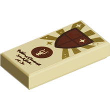 Part 3069pb1241 - Tile 1 x 2 with Gold Sun Rays, Reddish Brown Shield with Star and Circle with Symbol and Dark Brown Text Pattern (Dungeons & Dragons Spell Scroll of Mage Armor)