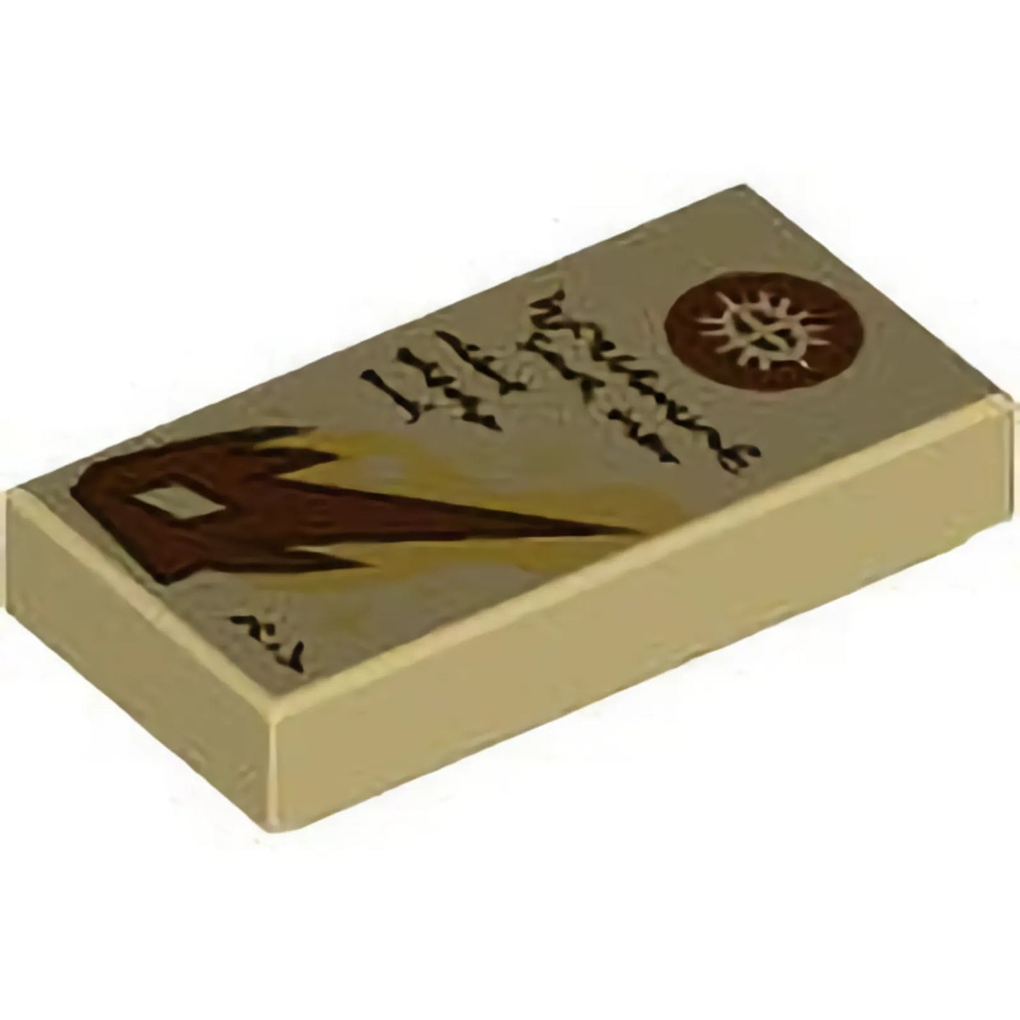 Part 3069pb1242 - Tile 1 x 2 with Reddish Brown Circle with Symbol, Gold Stars and Dark Brown Text Pattern (Dungeons & Dragons Spell Scroll of Magic Missile)