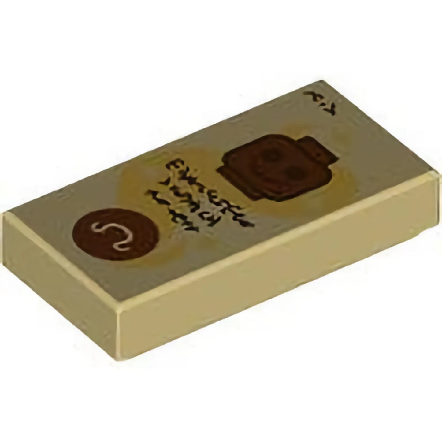 Part 3069pb1243 - Tile 1 x 2 with Reddish Brown Minifigure Head Skeleton and Circle with Omega Sign, Gold Swirl with Stars and Dark Brown Text Pattern (Dungeons & Dragons Spell Scroll of Speak with Dead)