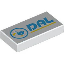 Part 3069pb1269 - Tile 1 x 2 with Dark Azure and Yellow Circle, Bird, and 'DAL' Pattern (Animal Crossing Dodo Airlines Logo)