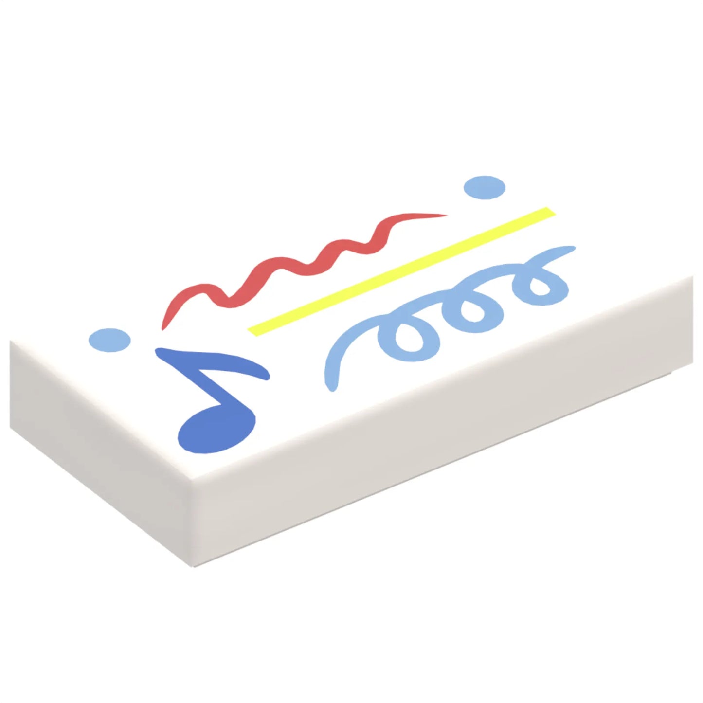 Part 3069pb1271 - Tile 1 x 2 with Blue Music Note, Lime Line, Medium Blue Dots and Spiral, Red Scribble Pattern
