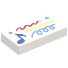 Part 3069pb1271 - Tile 1 x 2 with Blue Music Note, Lime Line, Medium Blue Dots and Spiral, Red Scribble Pattern