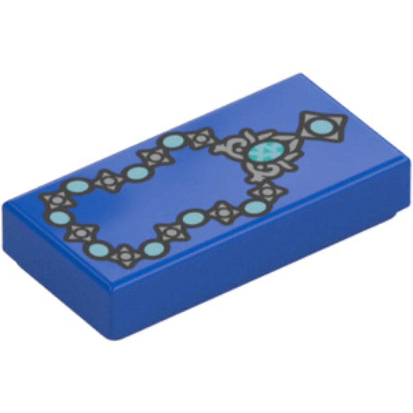 Part 3069pb1500 - Tile 1 x 2 with Silver and Metallic Light Blue Ornate Gem Necklace Pattern