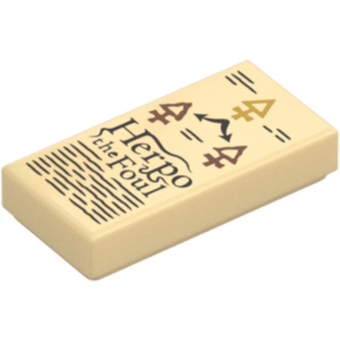 Part 3069pb1501 - Tile 1 x 2 with Book Page with Black Text and 'Herpo the Foul' and Gold and Copper Arcane Symbols Pattern