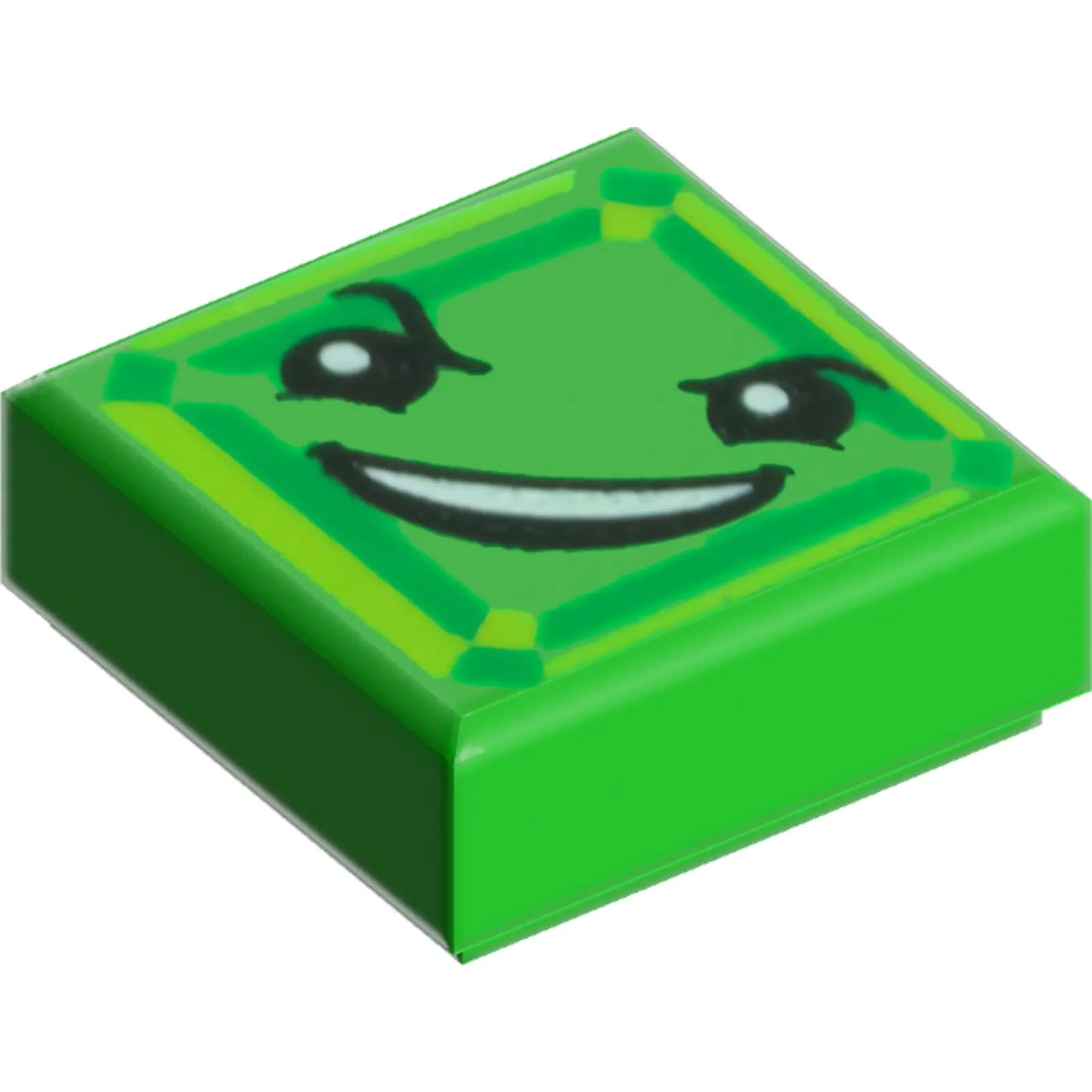 Part 3070pb112 - Tile 1 x 1 with Black Eyes, Raised Eyebrow, Fiendish Smile with Teeth and Lime and Green Square Pattern (Kryptomite Face)