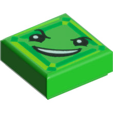 Part 3070pb112 - Tile 1 x 1 with Black Eyes, Raised Eyebrow, Fiendish Smile with Teeth and Lime and Green Square Pattern (Kryptomite Face)