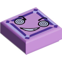 Part 3070pb116 - Tile 1 x 1 with White Hypnotic Eyes, Crooked Smile with Teeth, Lavender and Dark Purple Square Pattern (Kryptomite Face)