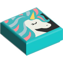Part 3070pb135 - Tile 1 x 1 with White Unicorn Head, Gold Horn, and Metallic Light Blue and Coral Mane Pattern