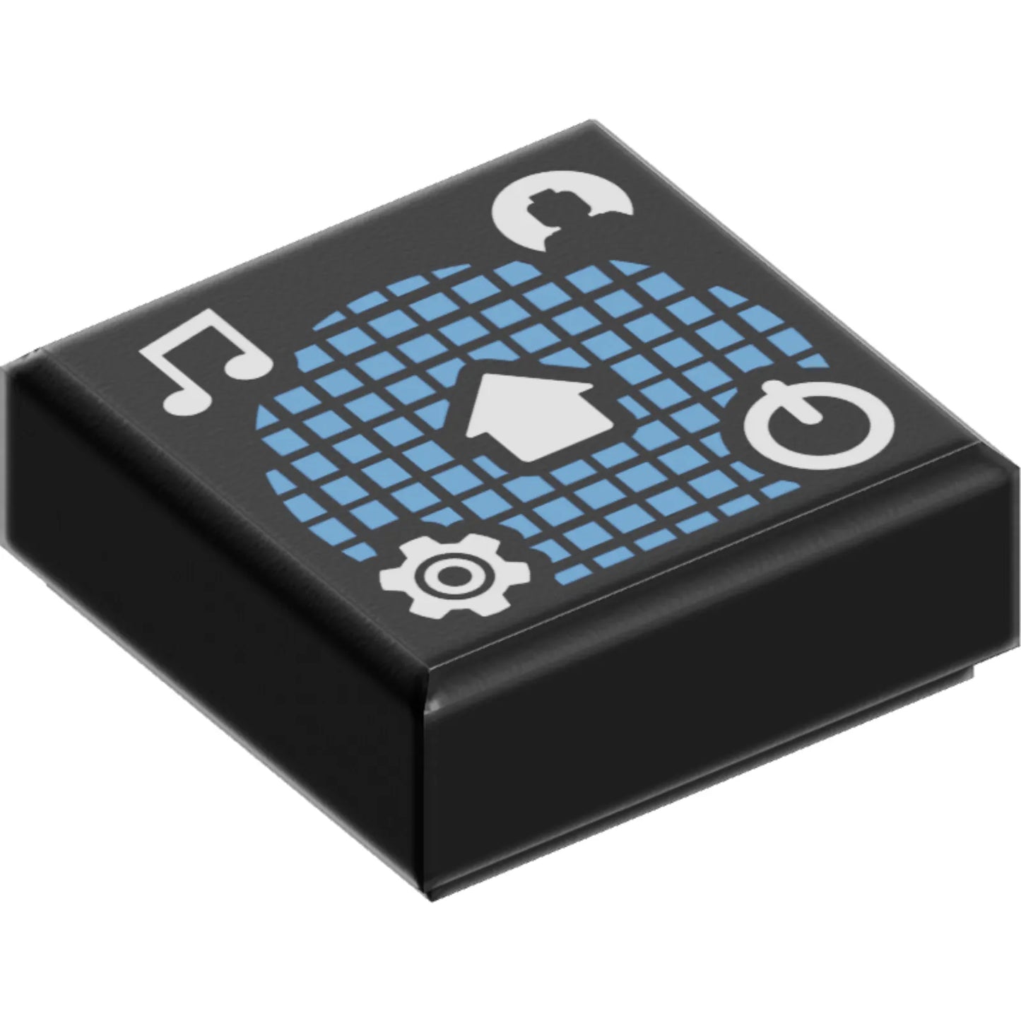 Part 3070pb362 - Tile 1 x 1 with White Music Notes, Minifigure Profile, Gear, Power Icon, and Home Button on Medium Blue Grid Pattern