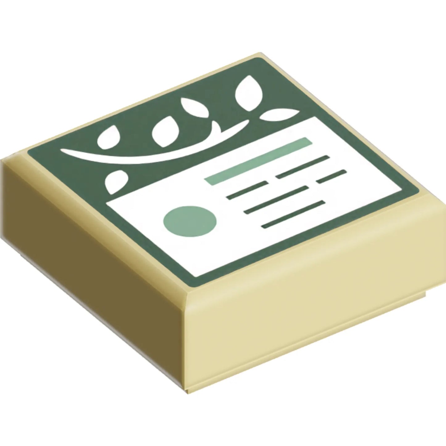 Part 3070pb367 - Tile 1 x 1 with White Vine and Information Plaque with Sand Green Bar and Dot and Writing / Lines on Dark Green Background Pattern