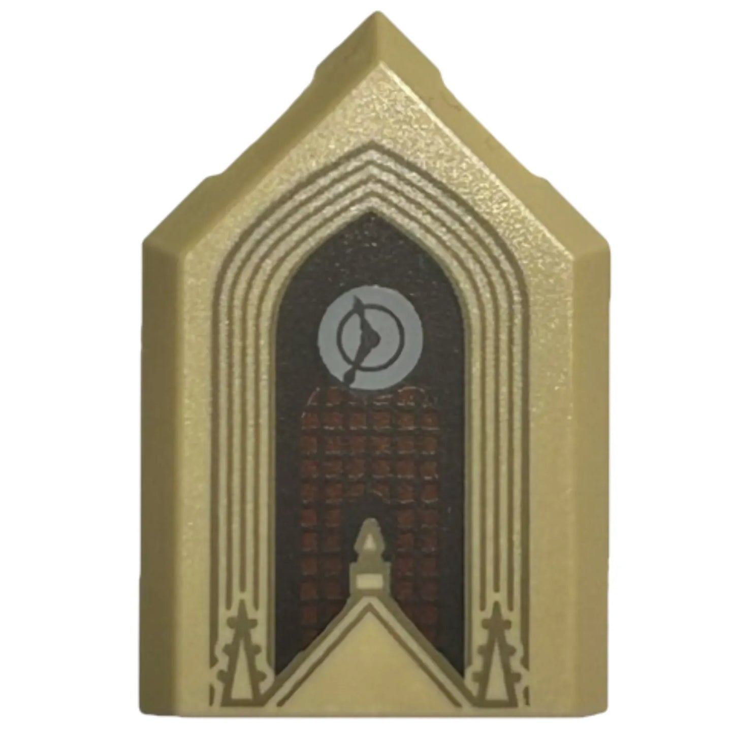 Part 22385pb308 - Tile, Modified 2 x 3 Pentagonal with Dark Tan Arches and Spires, Light Bluish Gray Clock, Reddish Brown Window with Dark Brown Lattice Pattern