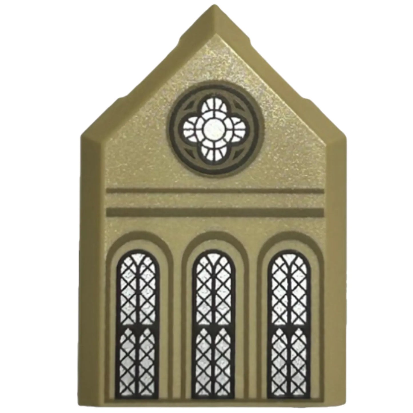 Part 22385pb309 - Tile, Modified 2 x 3 Pentagonal with Ornate Round and 3 Arched Silver Windows with Dark Brown Lattice, Dark Tan Arches and Lines Pattern