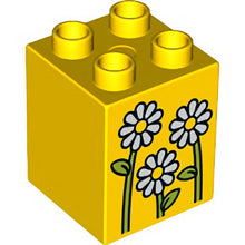 Part 31110pb112 - Duplo, Brick 2 x 2 x 2 with 3 Flowers White Daisies Pattern