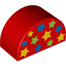 Part 31213pb026 - Duplo, Brick 2 x 4 x 2 Slope Curved Double with Blue, Lime, and Yellow Stars Pattern