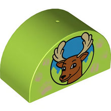 Part 31213pb029 - Duplo, Brick 2 x 4 x 2 Slope Curved Double with Deer Head in Circle and Paw Prints Pattern