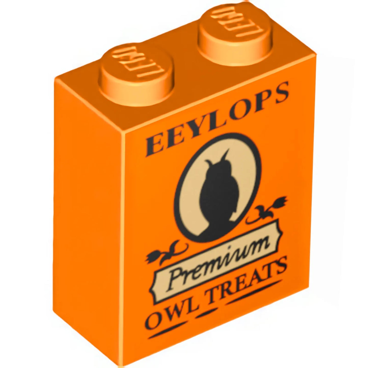 Part 3245cpb249 - Brick 1 x 2 x 2 with Inside Stud Holder with Black 'EEYLOPS', 'Premium', 'OWL TREATS' and Owl Silhouette on Tan Background Pattern