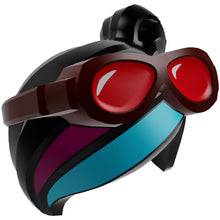 Part 34714pb01 - Minifigure, Hair Combo, Female Ponytail Off-center, Reddish Brown Goggles with Red Lenses, Magenta and Medium Azure Stripes Pattern