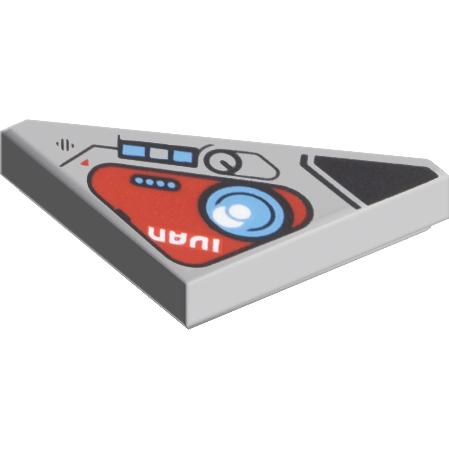 Part 35787pb014 - Tile, Modified 2 x 2 Triangular with Control Panel, Dark Red Rounded Triangle, Medium Blue Circle, 'IVAN' Pattern