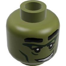 Part 3626cpb1411 - Minifigure, Head Alien with Black Eyebrows, Dark Green Eye and Cheek Lines, Crooked Smile with Teeth Pattern - Hollow Stud