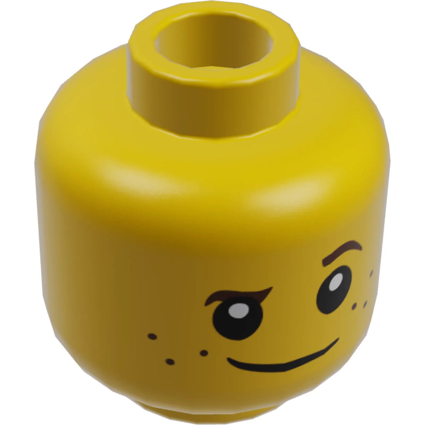 Part 3626cpb1508 - Minifigure, Head Child Brown Eyebrows, Raised Left Eyebrow, Freckles, White Pupils, Crooked Smile Pattern - Hollow Stud