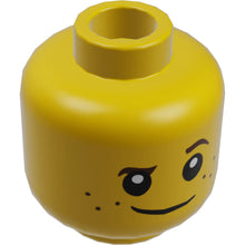 Part 3626cpb1508 - Minifigure, Head Child Brown Eyebrows, Raised Left Eyebrow, Freckles, White Pupils, Crooked Smile Pattern - Hollow Stud