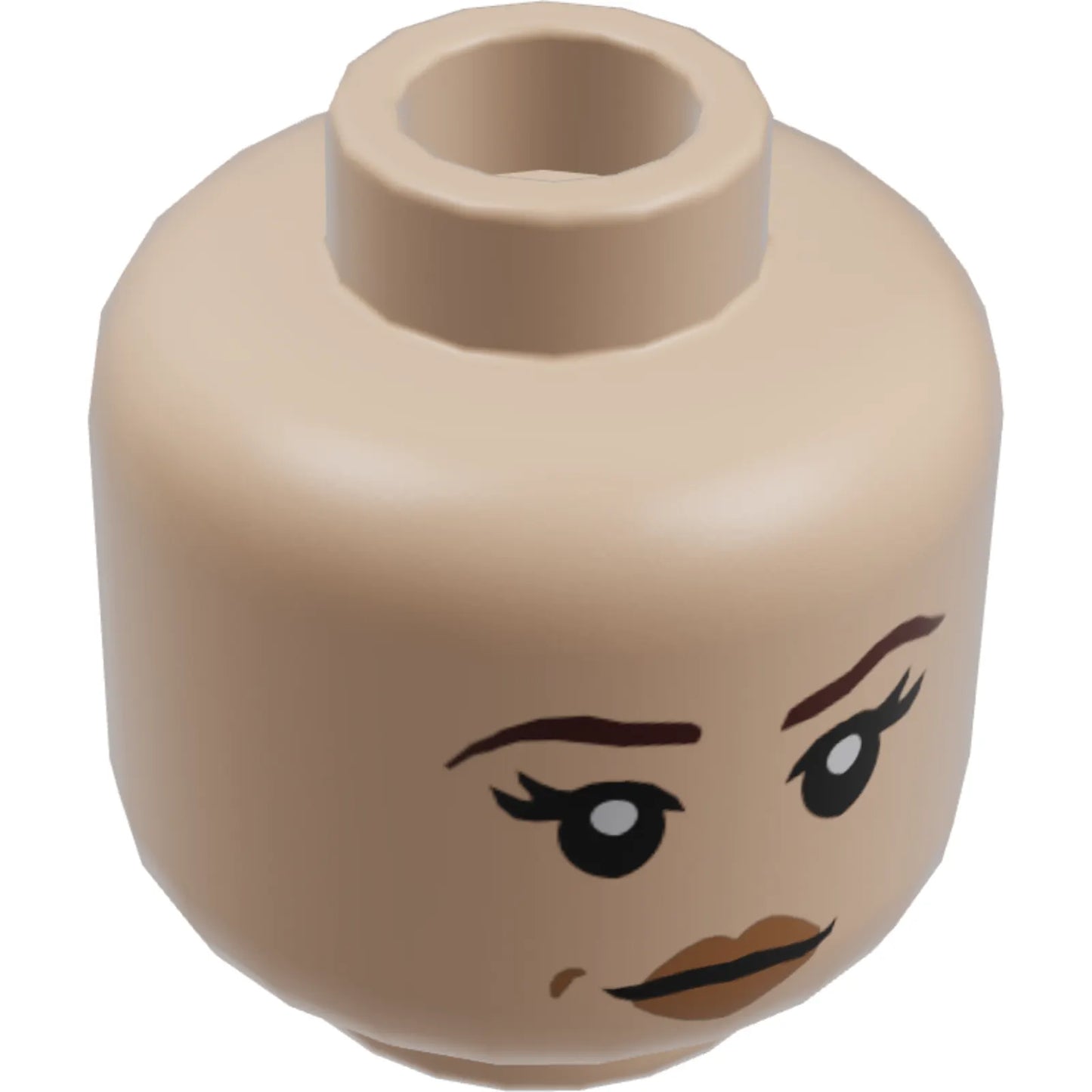 Part 3626cpb1657 - Minifigure, Head Dual Sided Female Dark Brown Eyebrows, Black Eyelashes, Nougat Lips, Neutral with Dimple / Open Mouth Scowl with Teeth Pattern - Hollow Stud