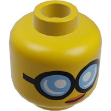 Part 3626cpb1885 - Minifigure, Head Female Glasses Round with Bright Light Blue Lenses and Black Frames, Orange Lips with Slight Crooked Smile Pattern - Hollow Stud