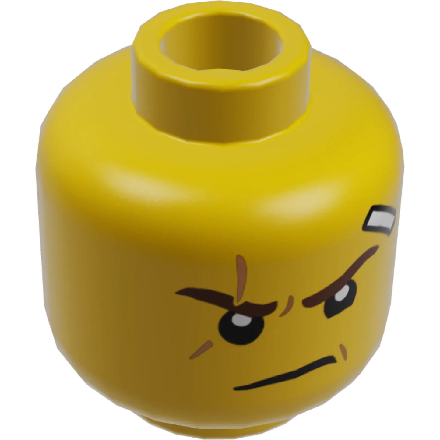 Part 3626cpb1889 - Minifigure, Head Dual Sided Reddish Brown Eyebrows, Medium Nougat Scar, Bandage, Lopsided Grin with Teeth / Determined Pattern (Kai) - Hollow Stud
