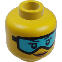 Part 3626cpb2139 - Minifigure, Head Female Dark Blue Eyebrows, Eyelashes, and Eyes, Black Ski Goggles with Medium Azure Lens, Nougat Lips, Grin Pattern - Hollow Stud