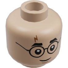 Part 3626cpb2168 - Minifigure, Head Dual Sided Black Thick Eyebrows and Round Glasses, Medium Nougat Lightning Scar, Grin with Chin Dimple / Scared Open Mouth with Teeth Parted Pattern (Harry Potter) - Hollow Stud