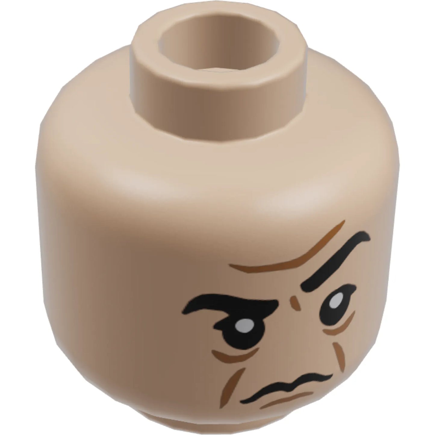 Part 3626cpb2236 - Minifigure, Head Dual Sided Black Eyebrows, Medium Nougat Furrowed Brow, Chin Dimple, and Jowl Lines, Frown with Raised Eyebrow / Angry Open Mouth Scowl with Teeth Pattern - Hollow Stud
