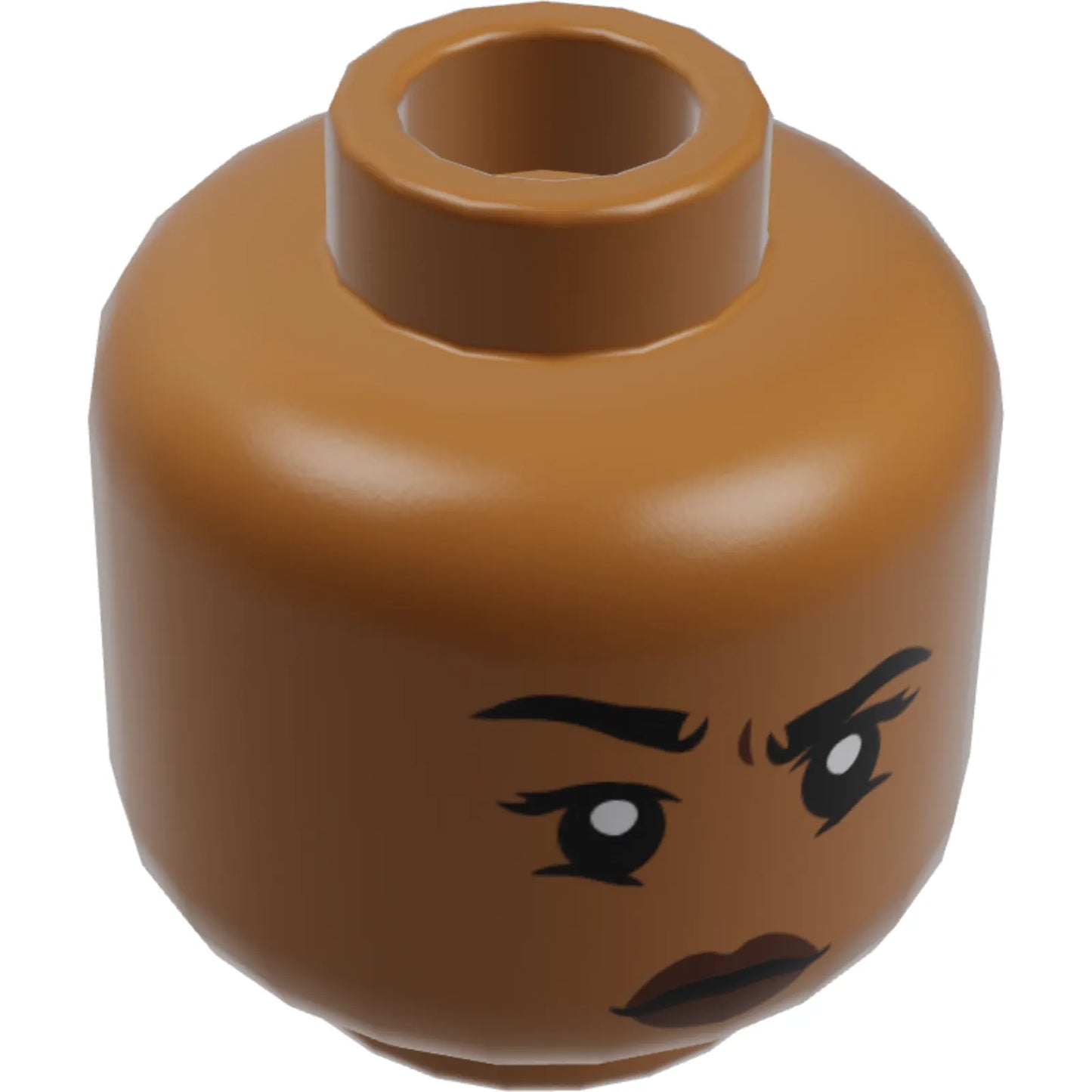 Part 3626cpb2362 - Minifigure, Head Dual Sided Female, Black Eyebrows, Reddish Brown Lips, Lopsided Grin / Right Eyebrow Raised Pattern - Hollow Stud