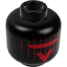 Part 3626cpb2528 - Minifigure, Head Dual Sided Alien, Red Visor and 'V' with 9 Vertical Stripes / Dark Turquoise Splotch Face with Red Eyes Pattern - Hollow Stud