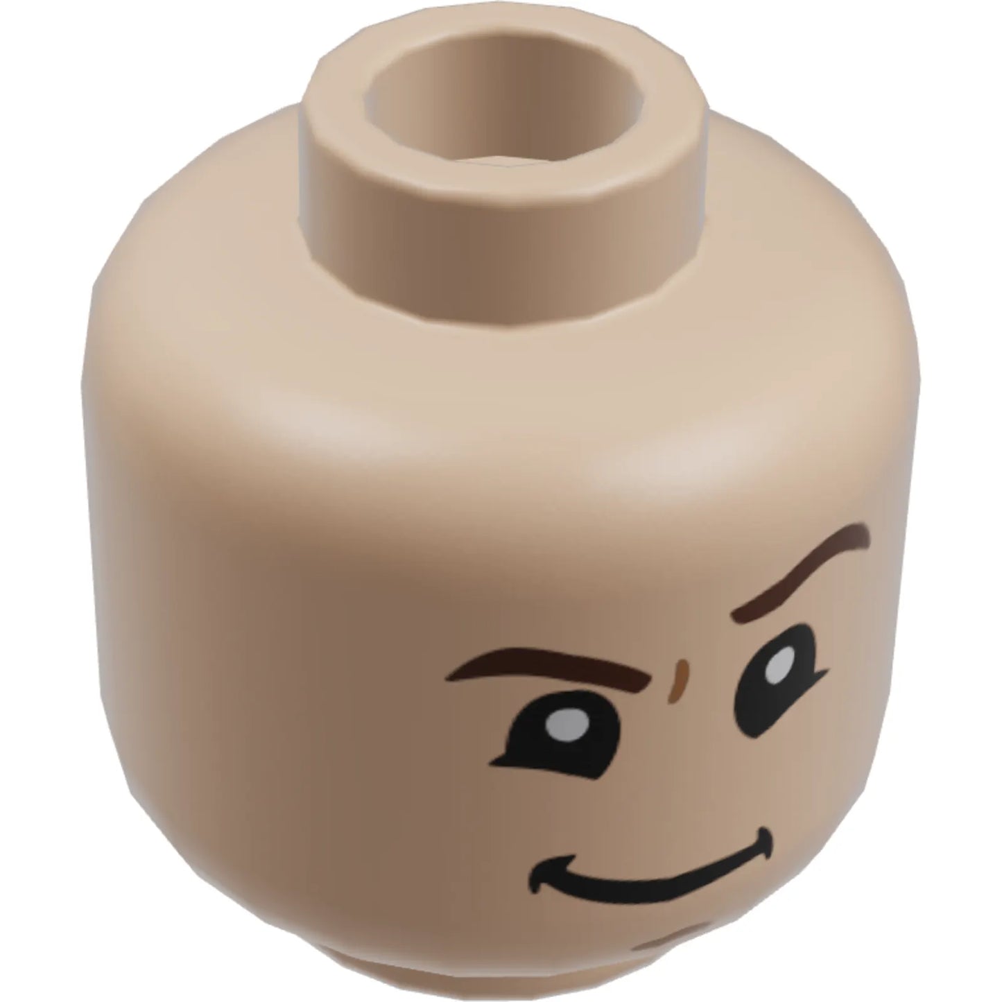 Part 3626cpb2660 - Minifigure, Head Dual Sided Dark Brown Eyebrows, Medium Nougat Chin Dimple, Lopsided Grin with Raised Left Eyebrow / Scared Open Mouth with Top Teeth Pattern - Hollow Stud